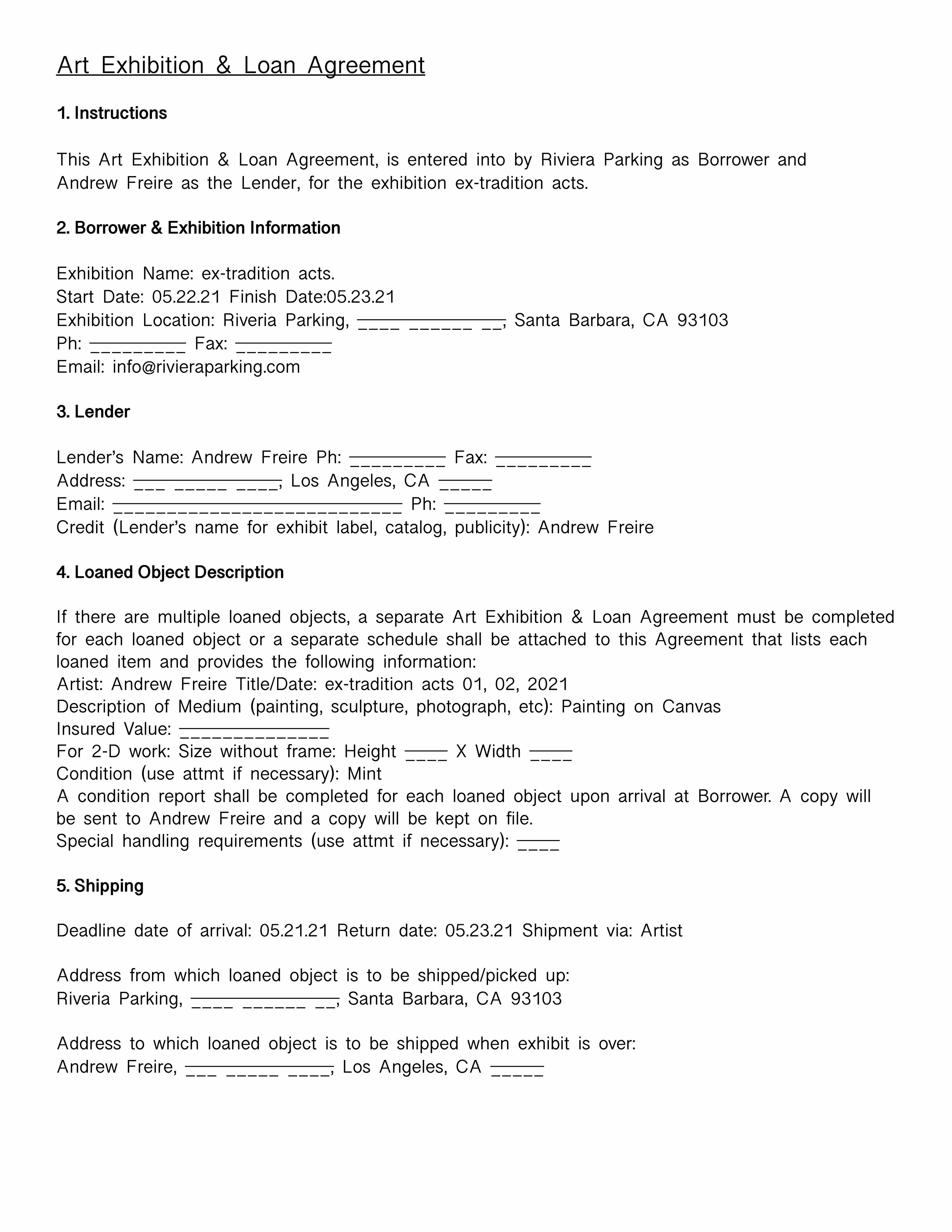 Art Exhibition and Loan Agreement Page 1