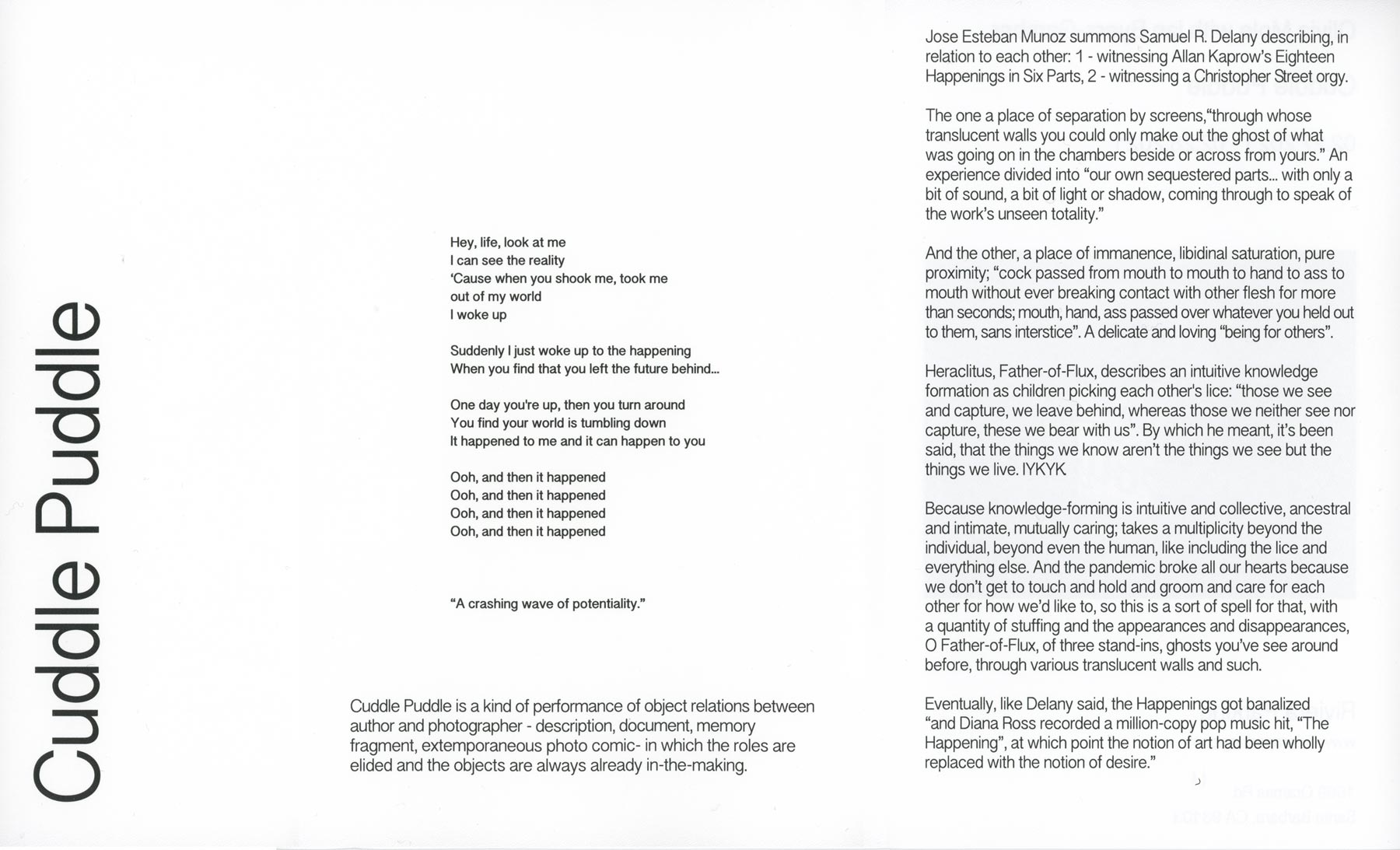 Inside of pamphlet for Cuddle Puddle and exhibition by Olivia Mole and Ian Byers Gamber